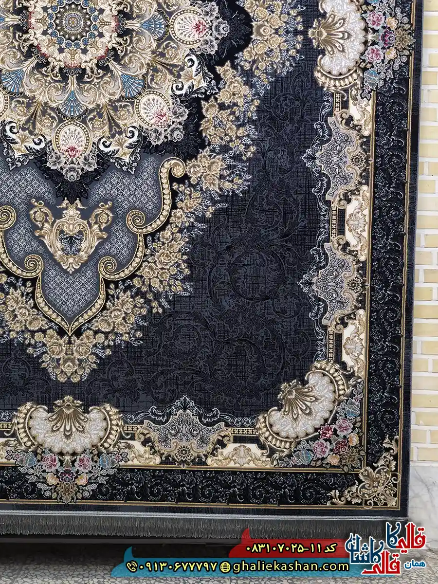 فرش طلاکوب 700 شانه طرح درسا رنگ طوسی دودی کاشان حاشیه