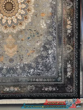 فرش طلاکوب 700 شانه طرح دریا رنگ سرمه ای فیلی کاشان حاشیه