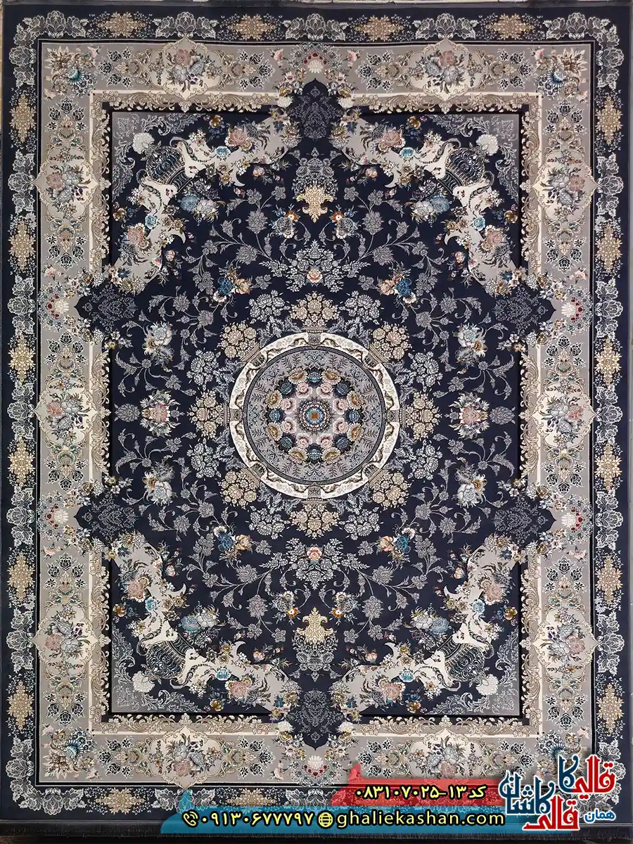 فرش طلاکوب 700 شانه طرح رزا رنگ طوسی دودی کاشان اصلی