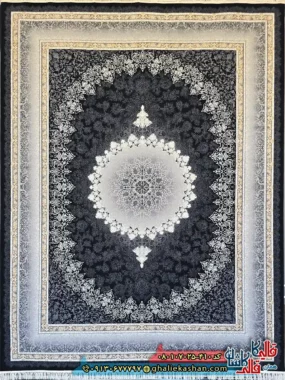 فرش ‌طلاکوب ‌700 ‌شانه ‌طرح ‌رها ‌مهر ‌رنگ ‌مشکی ‌زغالی ‌کاشان ‌