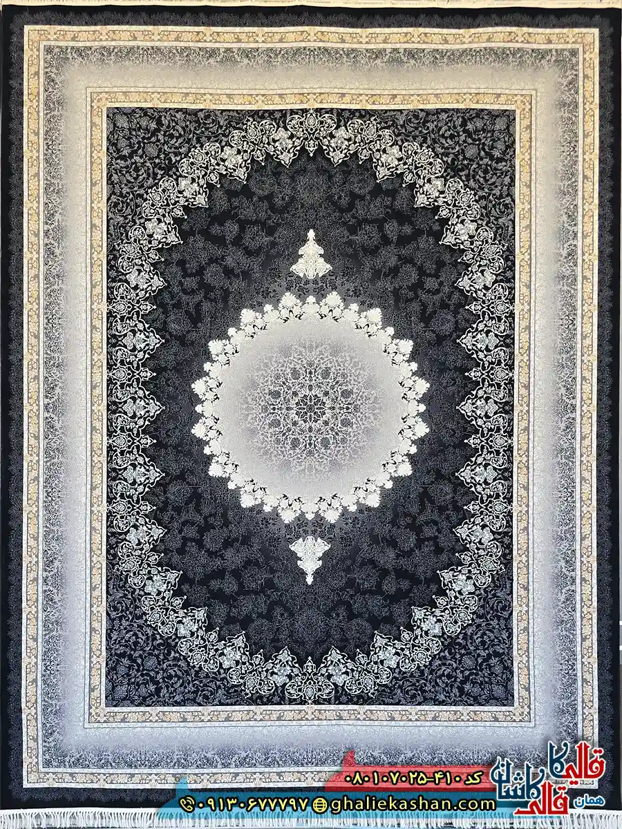 فرش طلاکوب 700 شانه طرح رها مهر رنگ مشکی زغالی کاشان اصلی فرش طلاکوب 700 شانه طرح رها مهر رنگ مشکی زغالی کاشان اصلی
