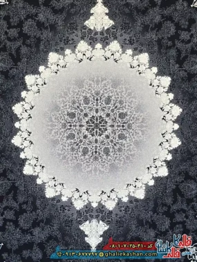 فرش طلاکوب 700 شانه طرح رها مهر رنگ مشکی زغالی کاشان زمینه