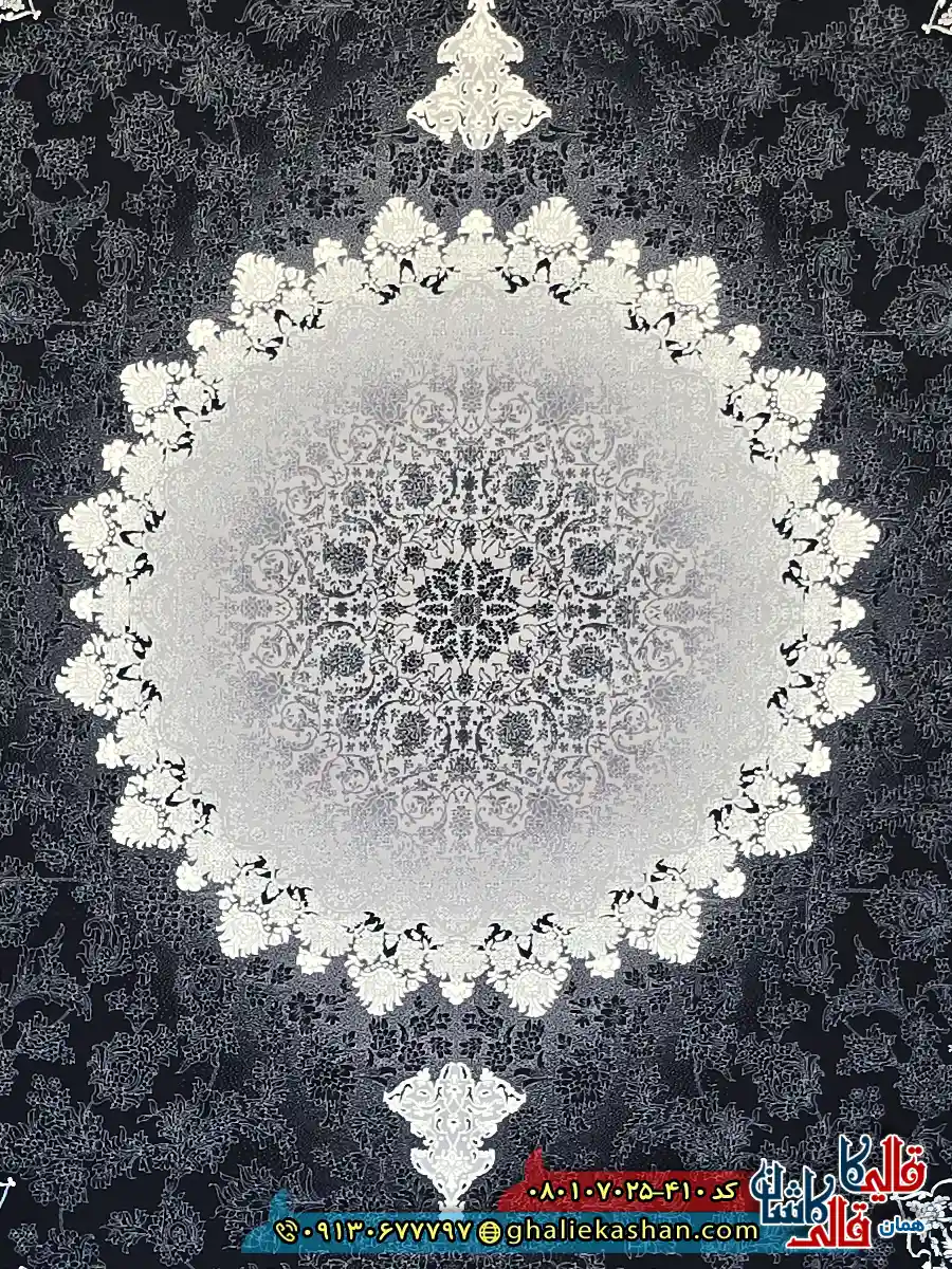 فرش طلاکوب 700 شانه طرح رها مهر رنگ مشکی زغالی کاشان زمینه