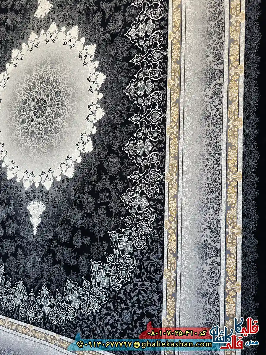فرش طلاکوب 700 شانه طرح رها مهر رنگ مشکی زغالی کاشان نزدیک 2