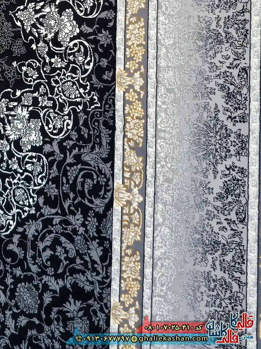 فرش طلاکوب 700 شانه طرح رها مهر رنگ مشکی زغالی کاشان نزدیک