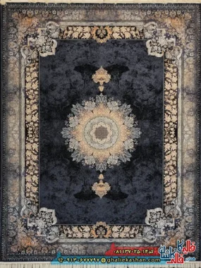 فرش طلاکوب 700 شانه طرح شاهکار رنگ سرمه ای کاشان