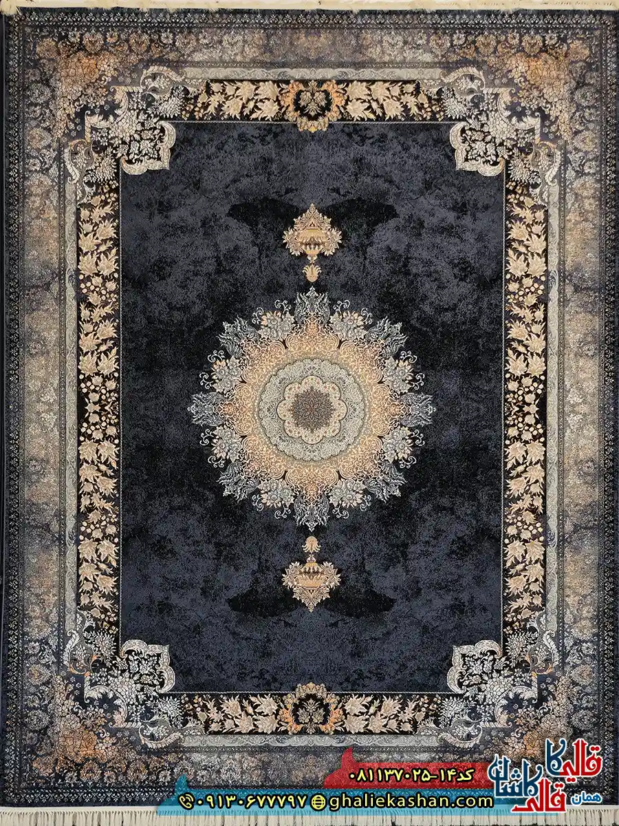 فرش طلاکوب 700 شانه طرح شاهکار رنگ سرمه ای کاشان اصلی فرش طلاکوب 700 شانه طرح شاهکار رنگ سرمه ای کاشان اصلی