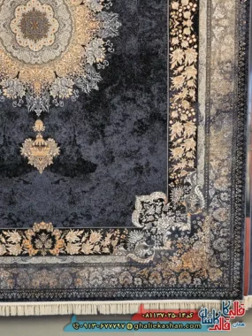 فرش طلاکوب 700 شانه طرح شاهکار رنگ سرمه ای کاشان حاشیه