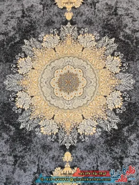 فرش طلاکوب 700 شانه طرح شاهکار رنگ سرمه ای کاشان زمینه