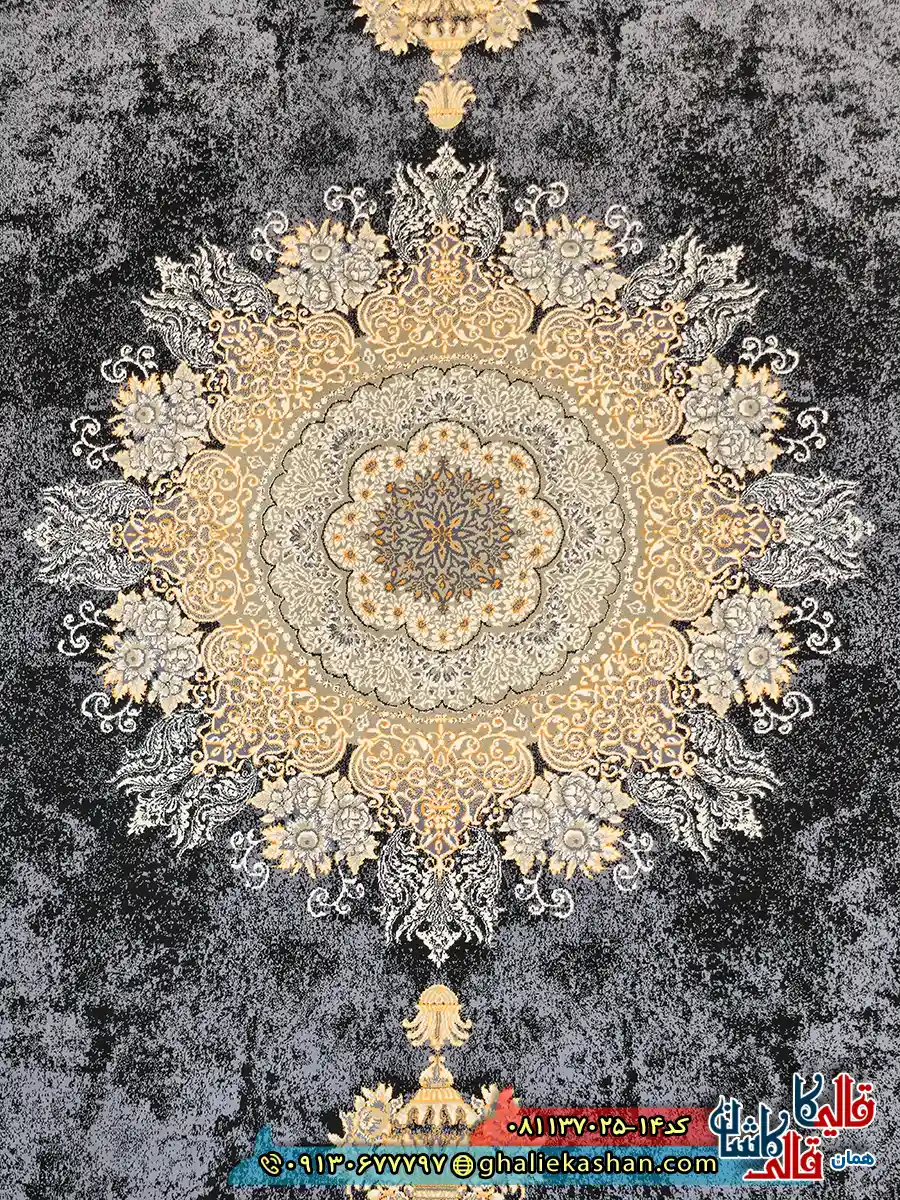 فرش طلاکوب 700 شانه طرح شاهکار رنگ سرمه ای کاشان زمینه
