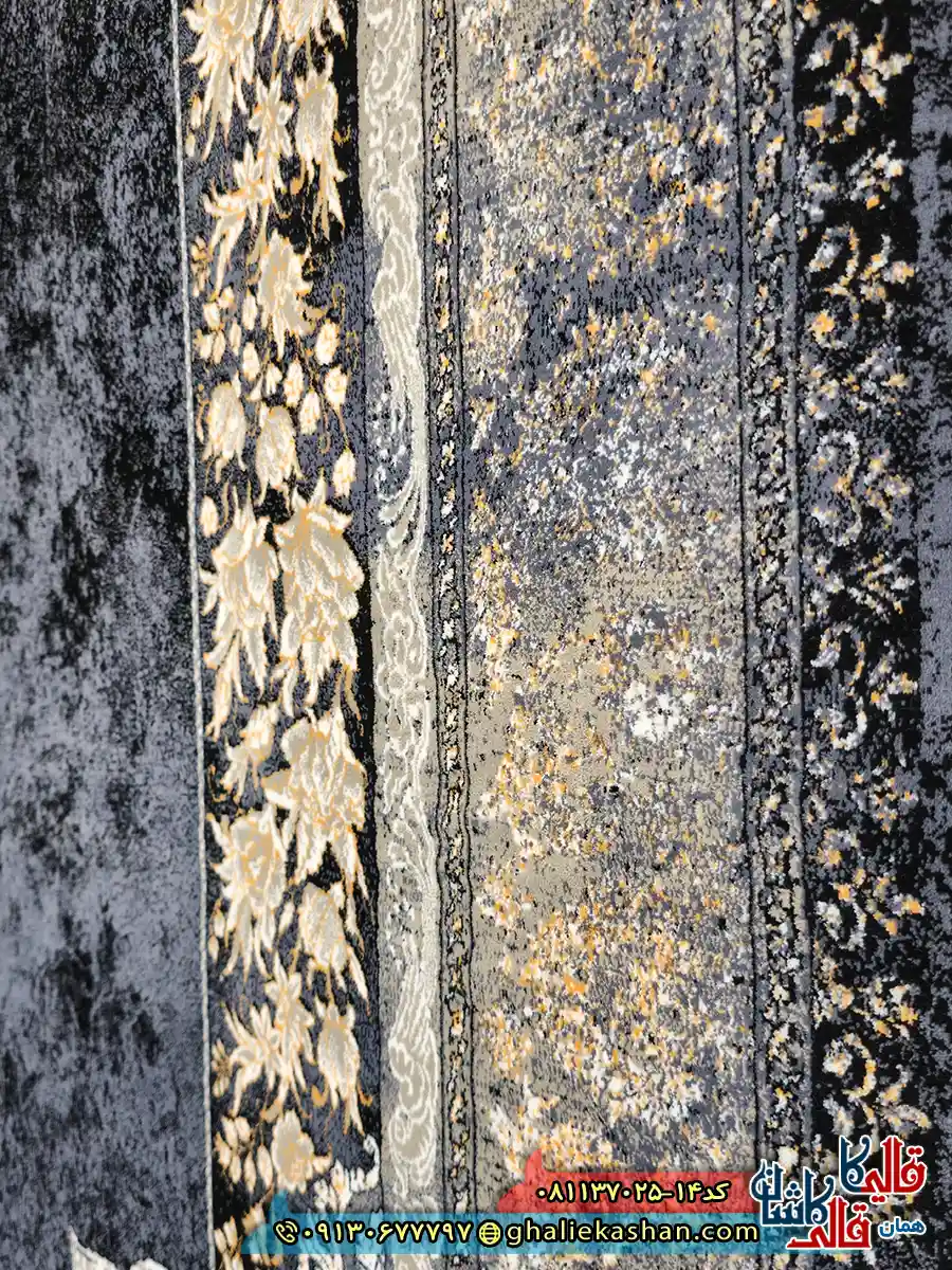 فرش طلاکوب 700 شانه طرح شاهکار رنگ سرمه ای کاشان نزدیک