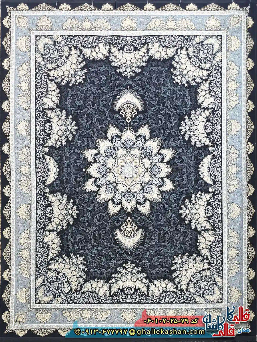 فرش طلاکوب 700 شانه طرح شیفته رنگ سرمه ای کاشان اصلی