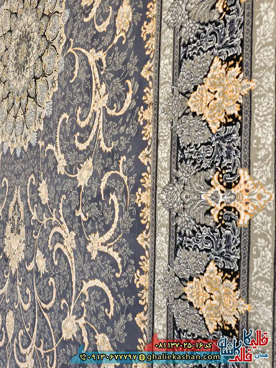 فرش طلاکوب 700 شانه طرح طناز رنگ طوسی دلفینی کاشان نزدیک