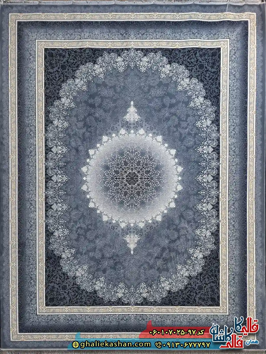 فرش طلاکوب 700 شانه طرح مهر رنگ طوسی دودی کاشان اصلی فرش طلاکوب 700 شانه طرح مهر رنگ طوسی دودی کاشان اصلی
