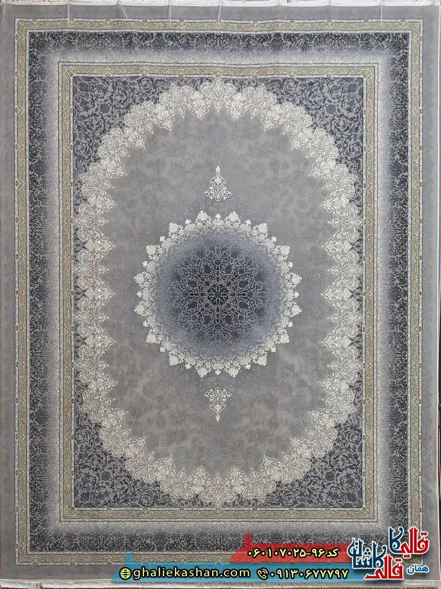 فرش طلاکوب 700 شانه طرح مهر رنگ فیلی ترمه ای کاشان اصلی