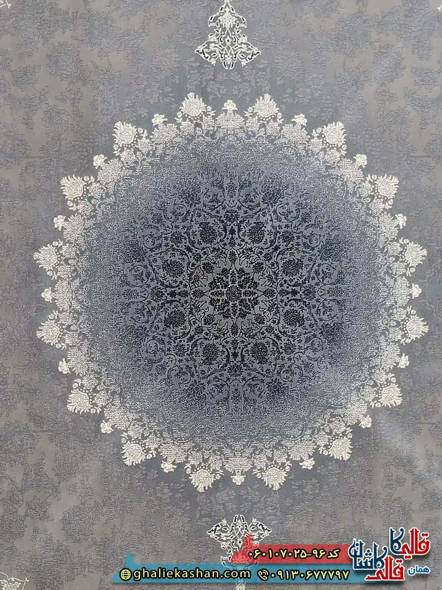 فرش طلاکوب 700 شانه طرح مهر رنگ فیلی ترمه ای کاشان زمینه