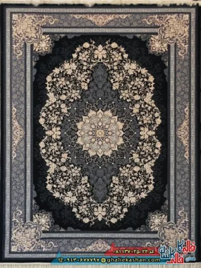 فرش طلاکوب 700 شانه طرح مهریس تندیس رنگ سرمه ای کاشان