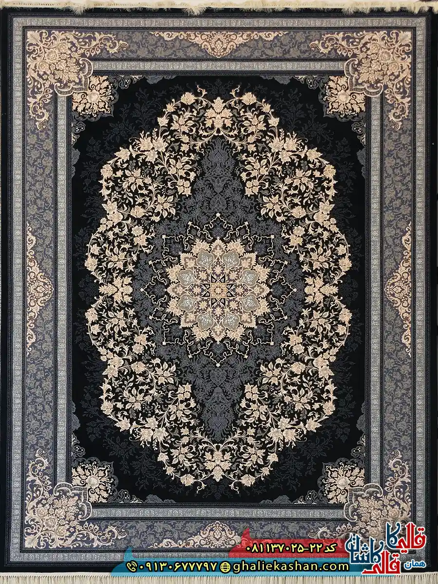 فرش طلاکوب 700 شانه طرح مهریس تندیس رنگ سرمه ای کاشان اصلی فرش طلاکوب 700 شانه طرح مهریس تندیس رنگ سرمه ای کاشان اصلی