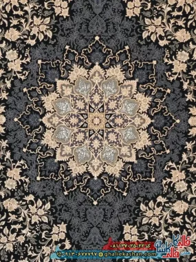 فرش طلاکوب 700 شانه طرح مهریس تندیس رنگ سرمه ای کاشان زمینه