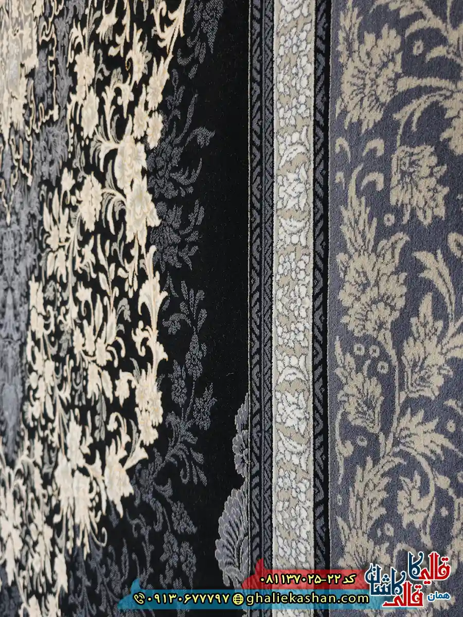 فرش طلاکوب 700 شانه طرح مهریس تندیس رنگ سرمه ای کاشان نزدیک