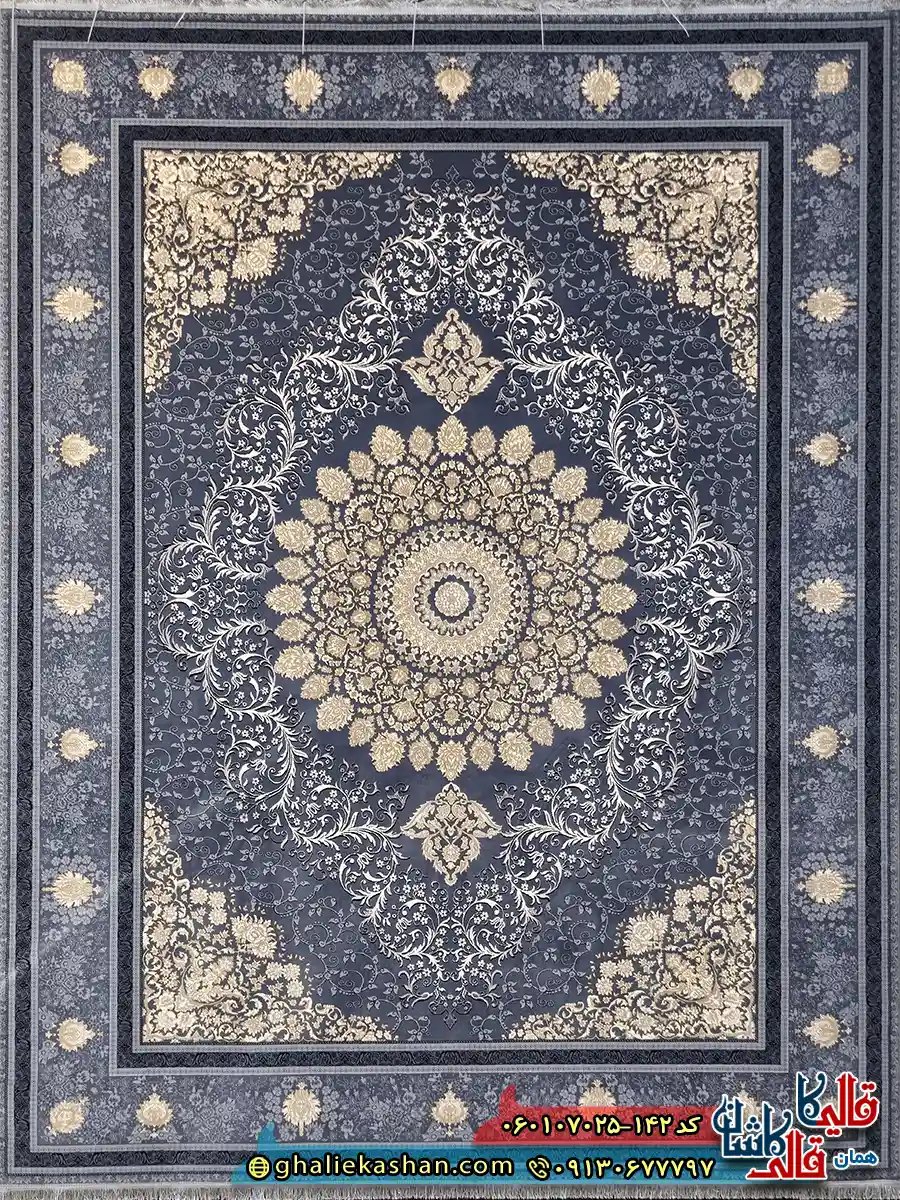 فرش طلاکوب 700 شانه طرح مهناز رنگ طوسی دودی کاشان اصلی