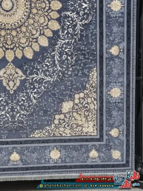 فرش طلاکوب 700 شانه طرح مهناز رنگ طوسی دودی کاشان حاشیه