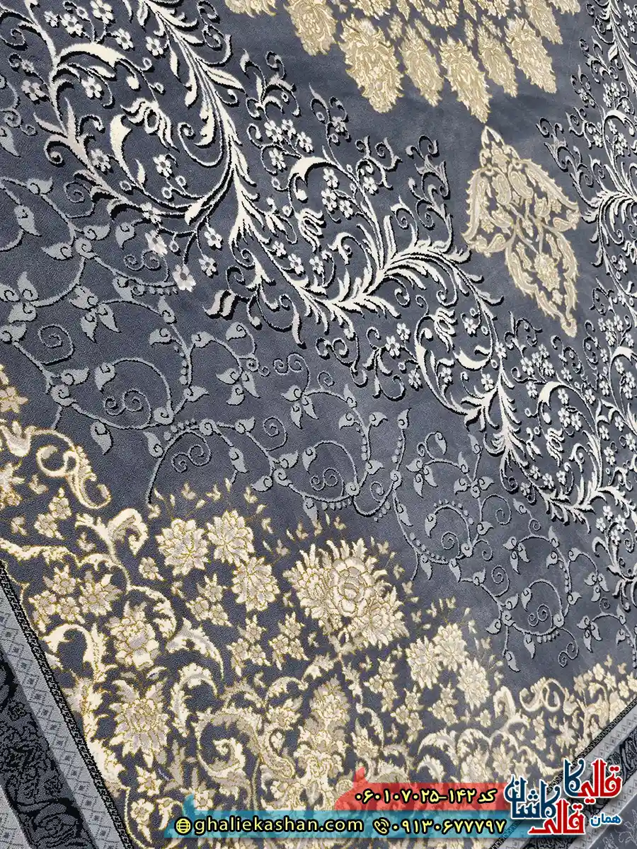 فرش طلاکوب 700 شانه طرح مهناز رنگ طوسی دودی کاشان نزدیک 2ش
