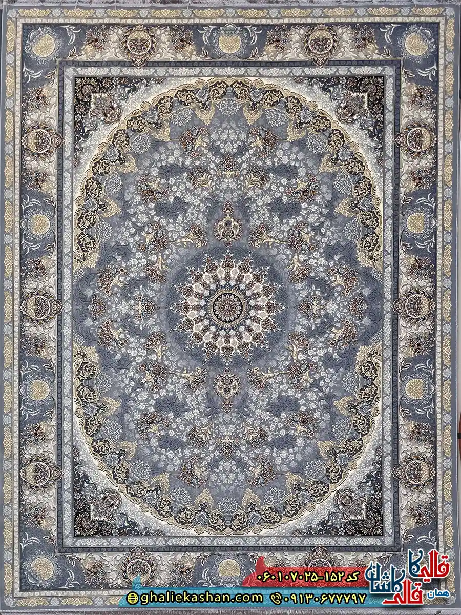 فرش طلاکوب 700 شانه طرح میراث رنگ طوسی نقره ای کاشان اصلی