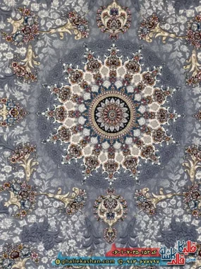 فرش طلاکوب 700 شانه طرح میراث رنگ طوسی نقره ای کاشان زمینه
