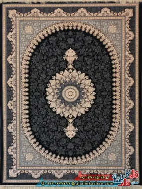 فرش طلاکوب 700 شانه طرح هستی رنگ سرمه ای کاشان