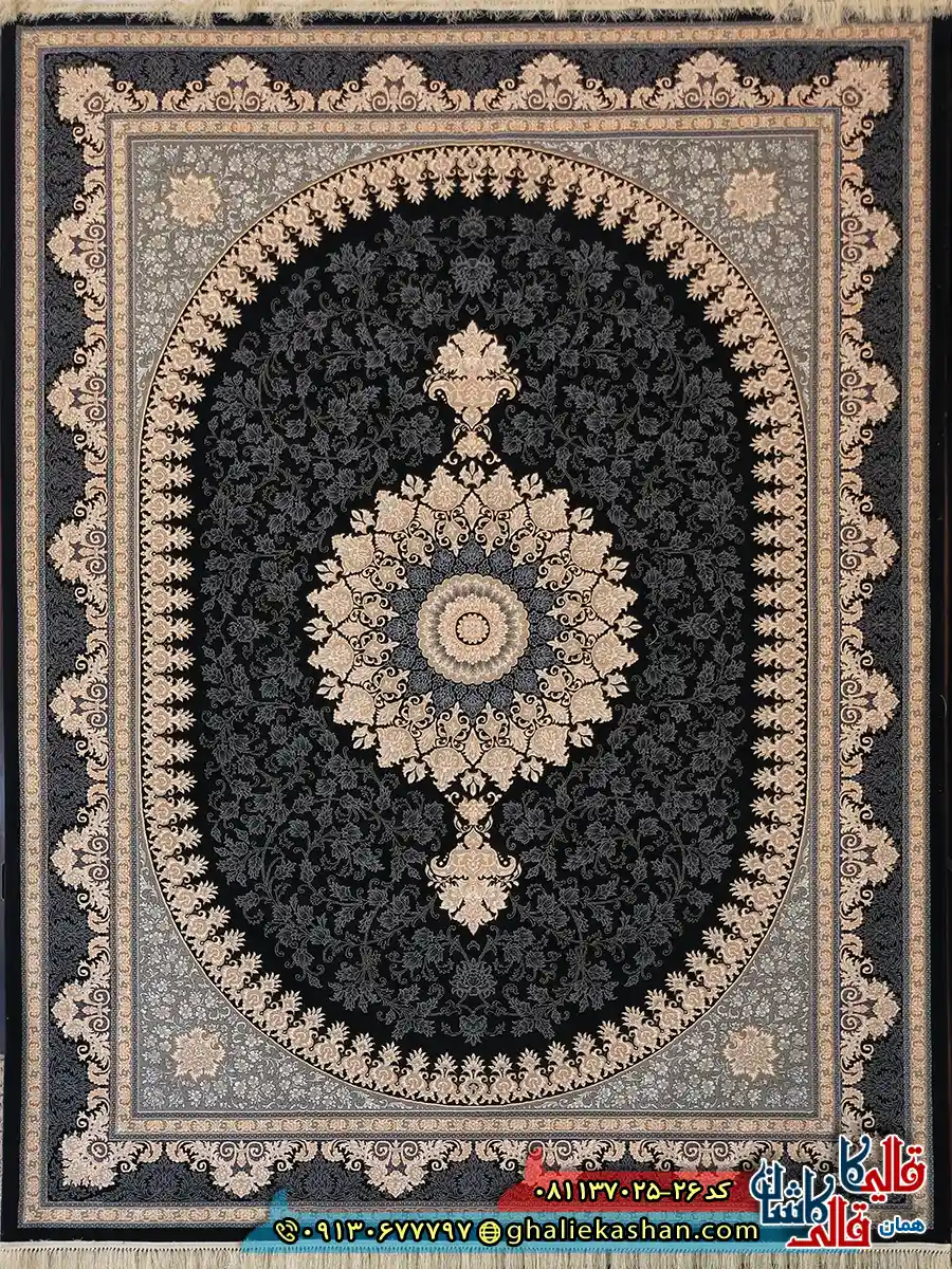 فرش طلاکوب 700 شانه طرح هستی رنگ سرمه ای کاشان اصلی فرش طلاکوب 700 شانه طرح هستی رنگ سرمه ای کاشان اصلی
