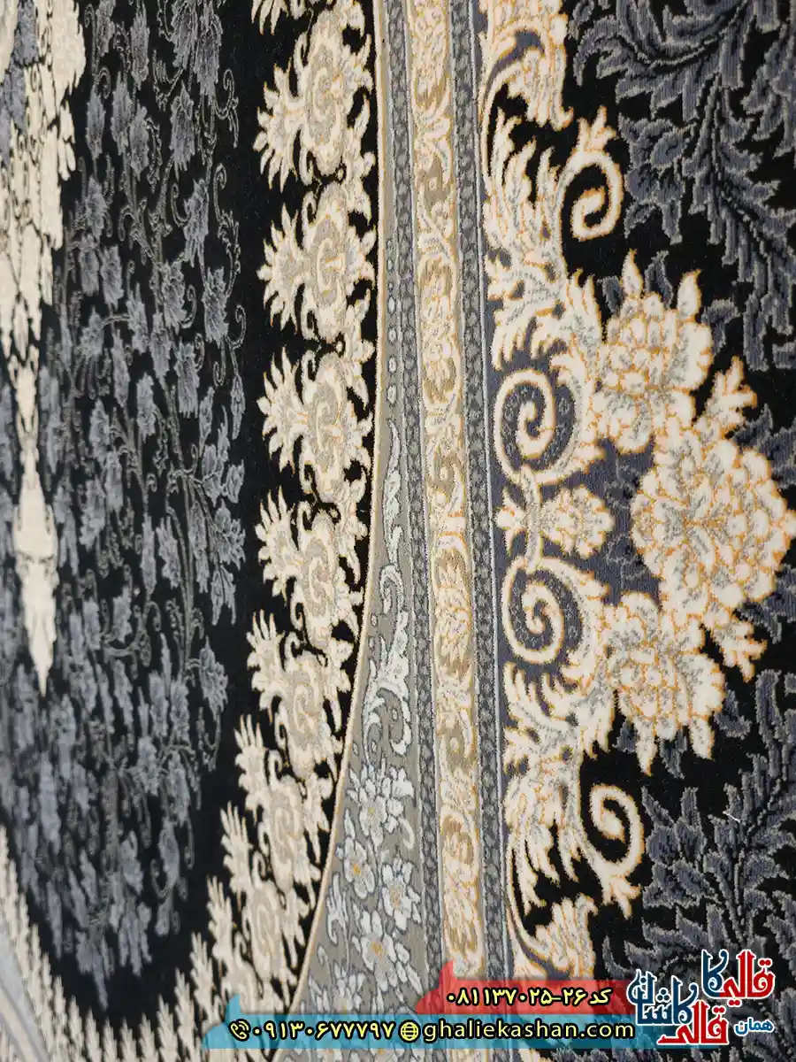 فرش طلاکوب 700 شانه طرح هستی رنگ سرمه ای کاشان نزدیک