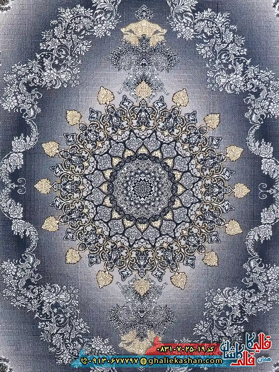 فرش طلاکوب 700 شانه طرح کارن رنگ طوسی دودی کاشان زمینه
