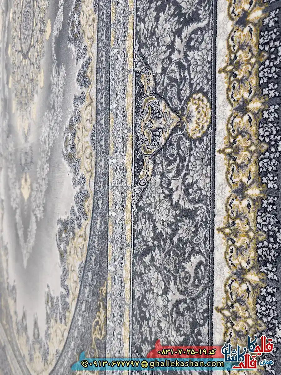 فرش طلاکوب 700 شانه طرح کارن رنگ طوسی دودی کاشان نزدیک