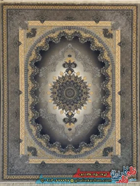 فرش طلاکوب 700 شانه طرح کارن رنگ طوسی فیلی کاشان