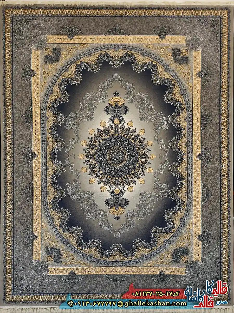 فرش طلاکوب 700 شانه طرح کارن رنگ طوسی فیلی کاشان اصلی فرش طلاکوب 700 شانه طرح کارن رنگ طوسی فیلی کاشان اصلی