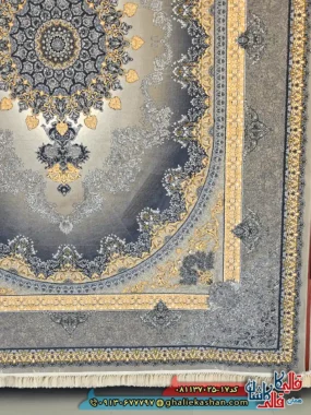 فرش طلاکوب 700 شانه طرح کارن رنگ طوسی فیلی کاشان حاشیه