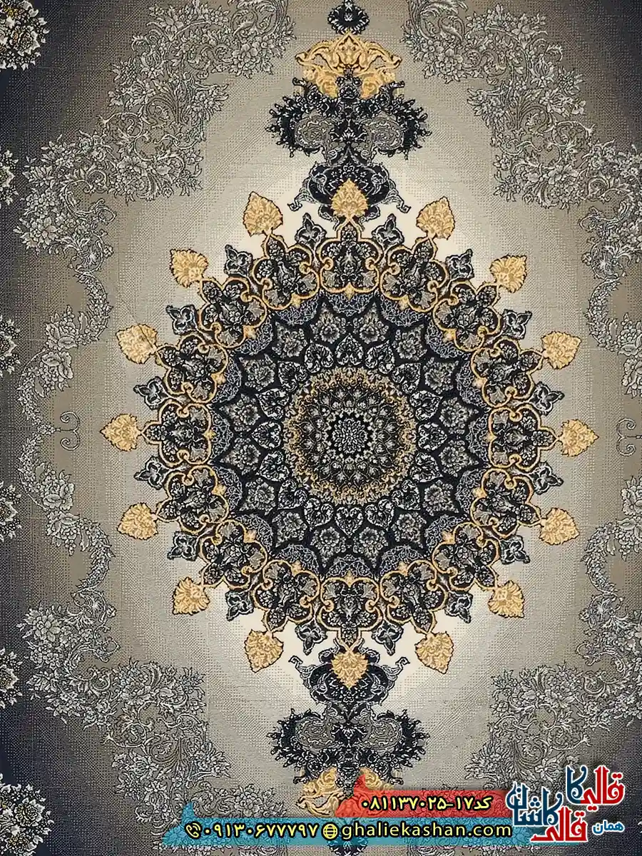 فرش طلاکوب 700 شانه طرح کارن رنگ طوسی فیلی کاشان زمینه