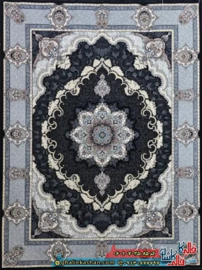 فرش طلاکوب 700 شانه طرح کرشمه رنگ سرمه ای کاشان اصلی