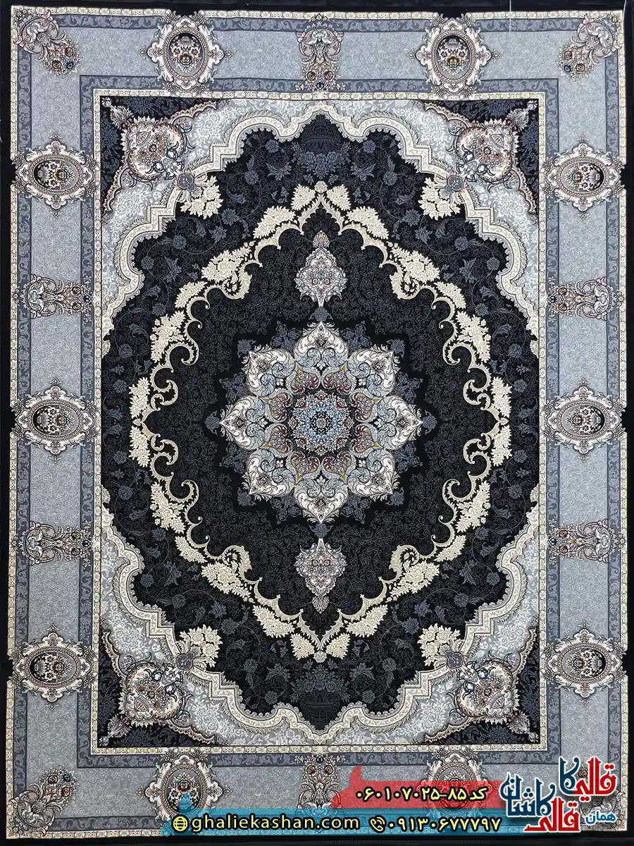فرش طلاکوب 700 شانه طرح کرشمه رنگ سرمه ای کاشان اصلی