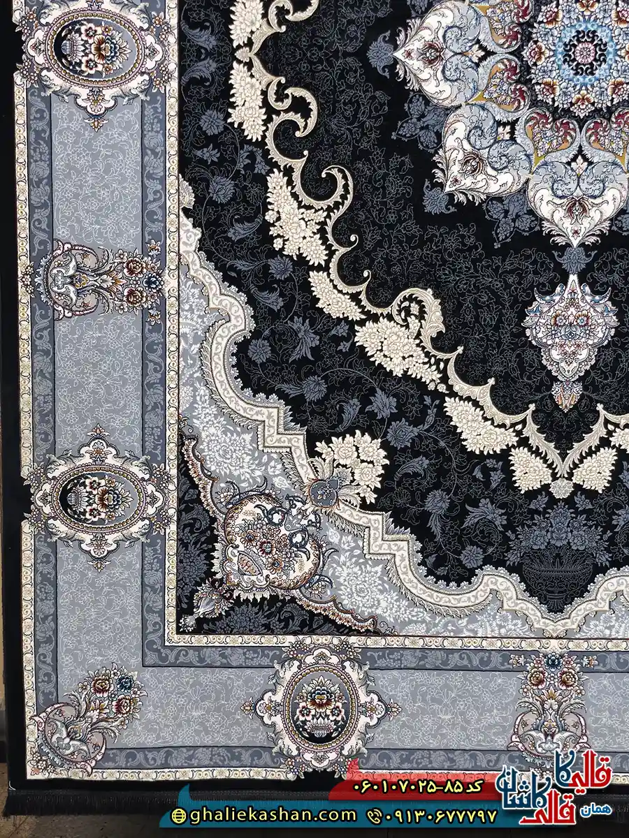 فرش طلاکوب 700 شانه طرح کرشمه رنگ سرمه ای کاشان حاشیه