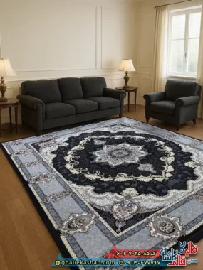 فرش طلاکوب 700 شانه طرح کرشمه رنگ سرمه ای کاشان