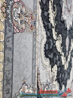 فرش طلاکوب 700 شانه طرح کرشمه رنگ سرمه ای کاشان نزدیک