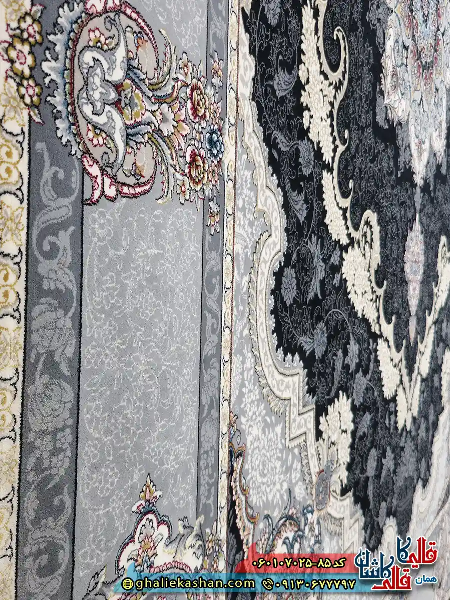 فرش طلاکوب 700 شانه طرح کرشمه رنگ سرمه ای کاشان نزدیک