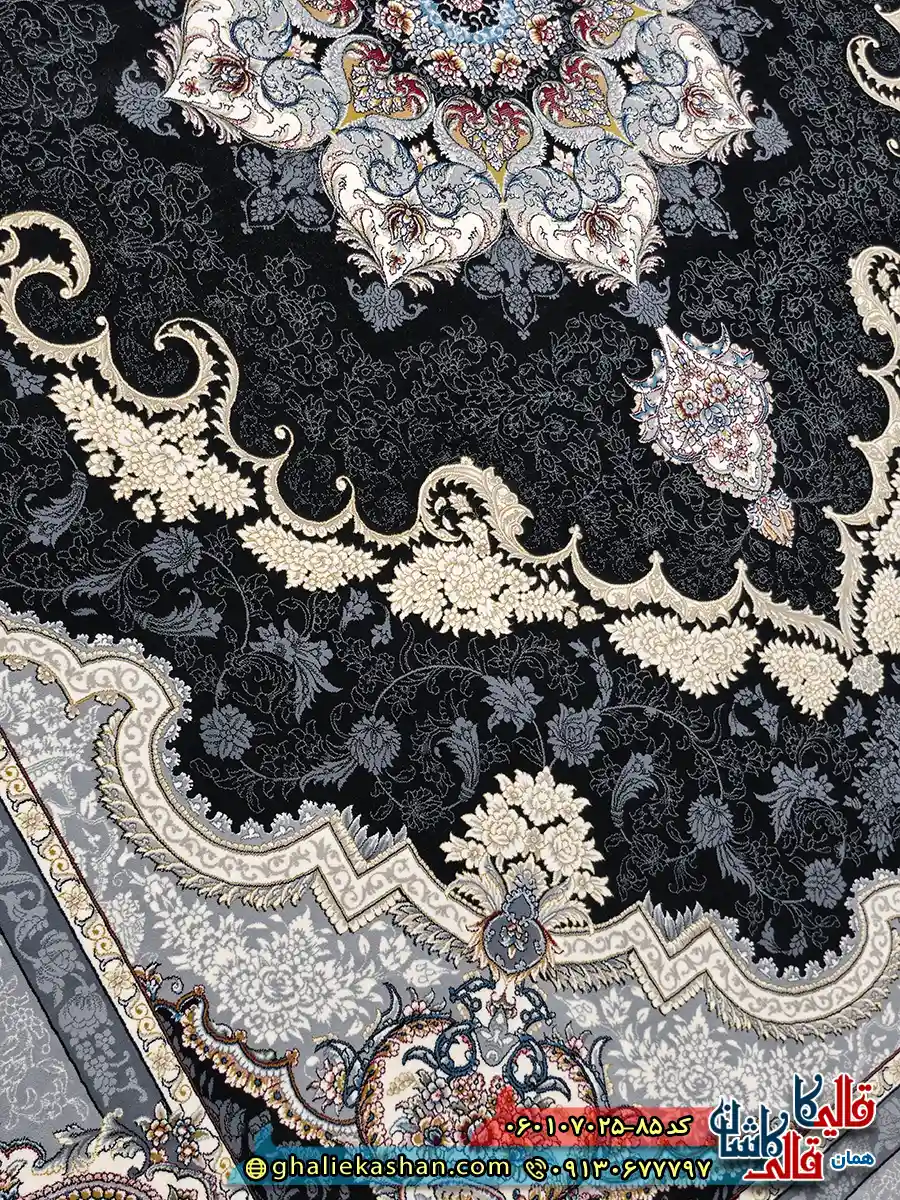 فرش طلاکوب 700 شانه طرح کرشمه رنگ سرمه ای کاشان نزدیک 2