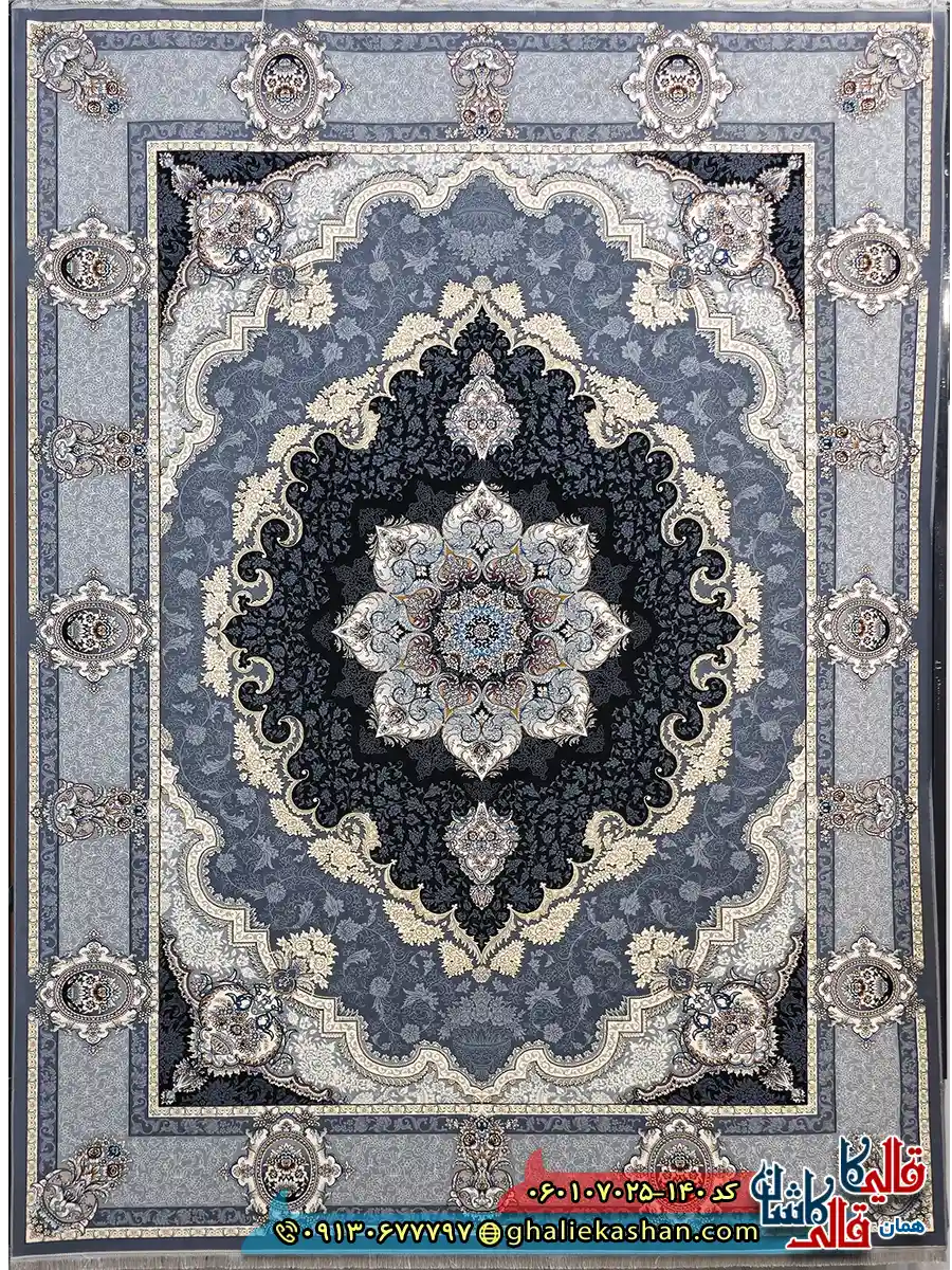 فرش طلاکوب 700 شانه طرح کرشمه رنگ طوسی دودی کاشان اصلی