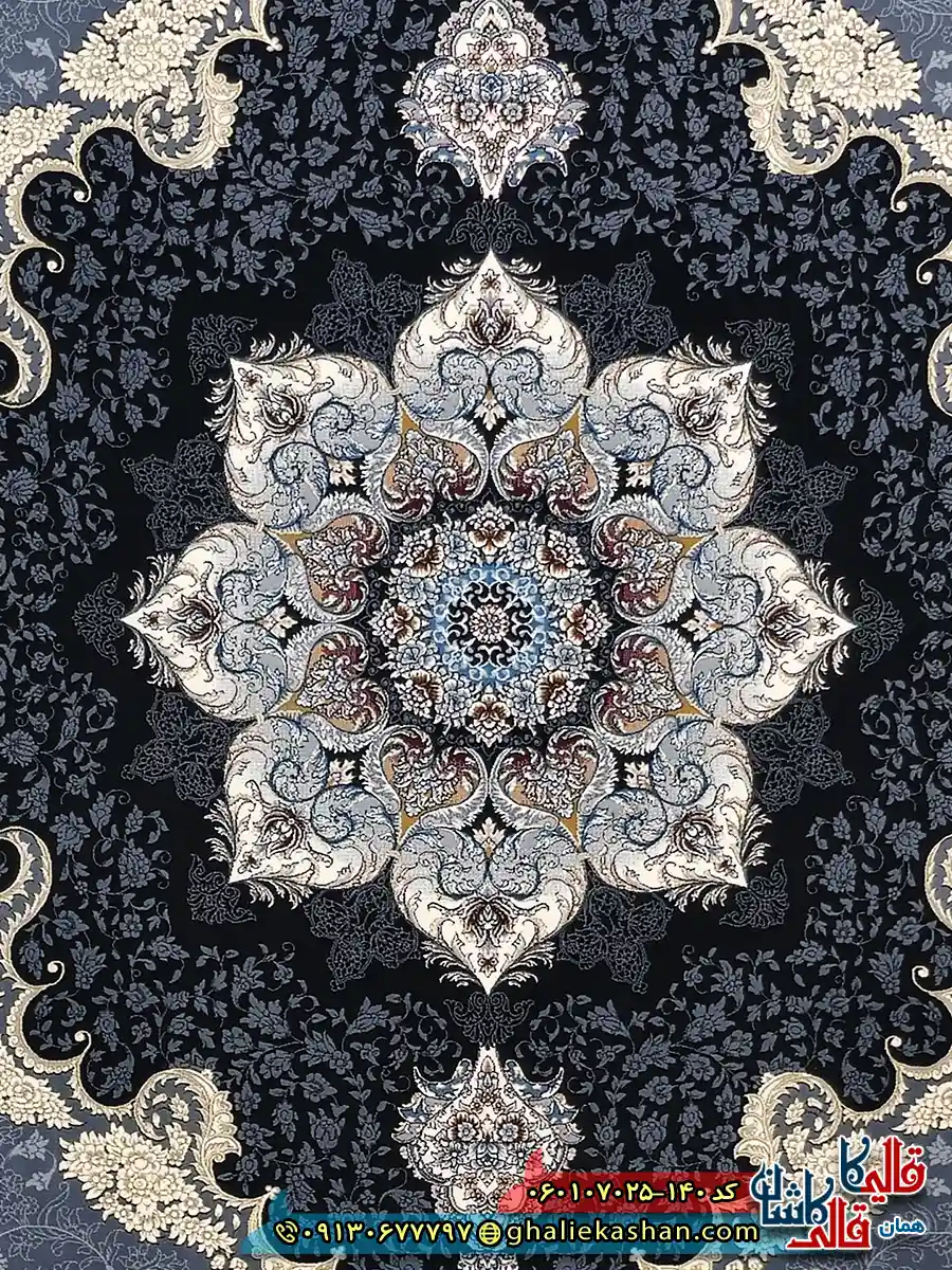 فرش طلاکوب 700 شانه طرح کرشمه رنگ طوسی دودی کاشان زمینه