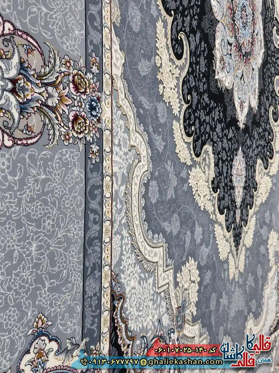 فرش طلاکوب 700 شانه طرح کرشمه رنگ طوسی دودی کاشان نزدیک