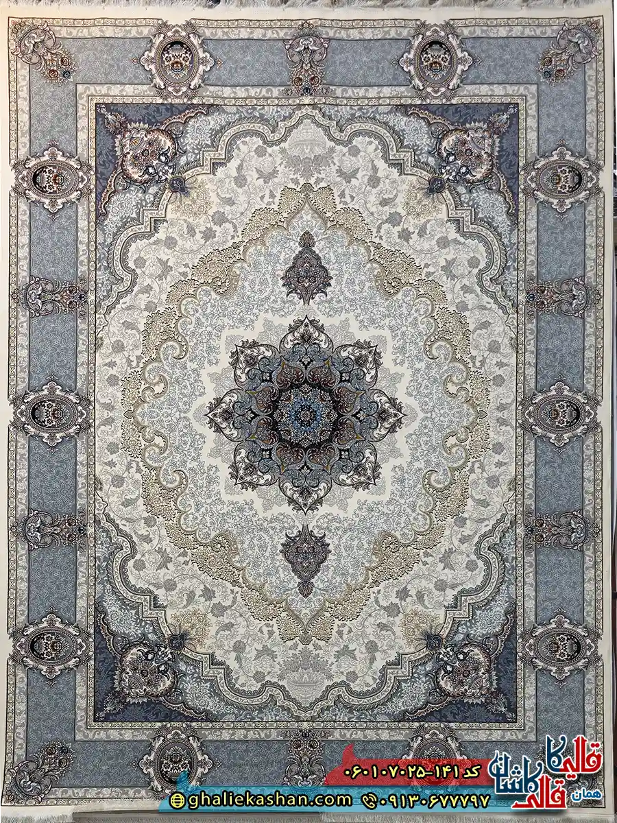 فرش طلاکوب 700 شانه طرح کرشمه رنگ کرم کاشان اصلی