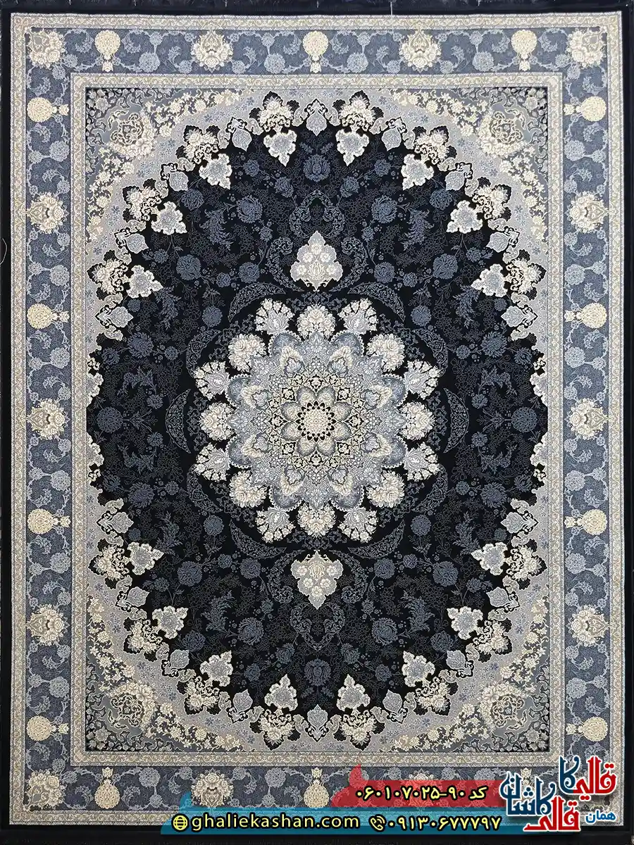 فرش طلاکوب 700 شانه طرح گلرخ رنگ سرمه ای کاشان اصلی
